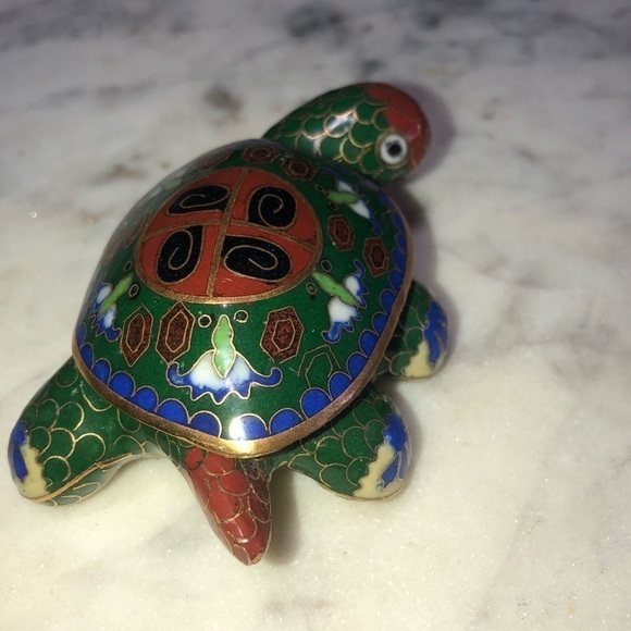 VTG Chinese Cloisonne Enamel Feng Shui Turtle Tortoise Trinket Box 4” x 2.5” - Picture 4 of 9